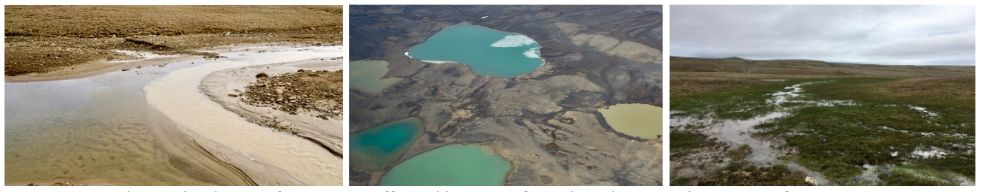 Contrasting sediment loads in surface waters affected by permafrost disturbances. Photos M. Lafreniere. Lafreniere.